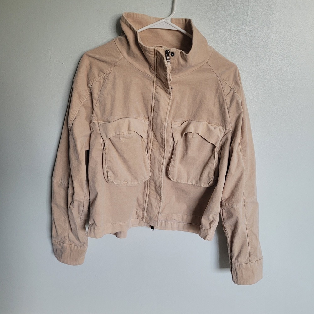 Evereve Women XL Tan Sand Corduroy Utility Zip Up Camp Jacket Pockets Cropped
